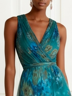 Floral Ruched Chiffon Maxi Dress with V Neck
