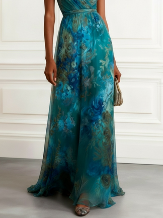 Floral Ruched Chiffon Maxi Dress with V Neck