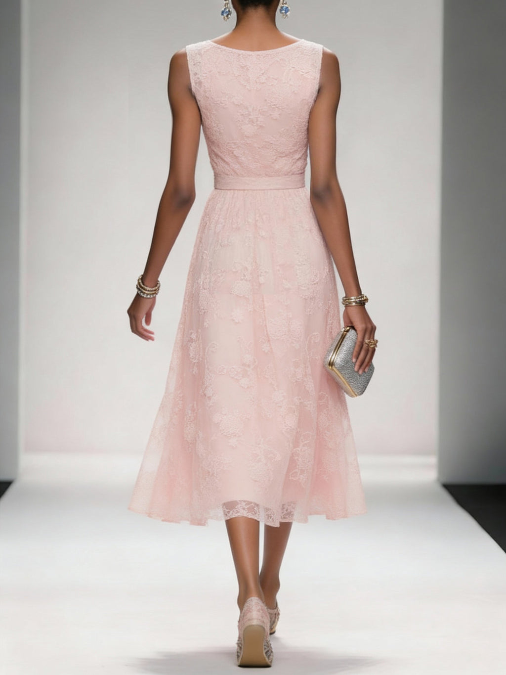 Bow Embroidery Midi Dress with Pockets