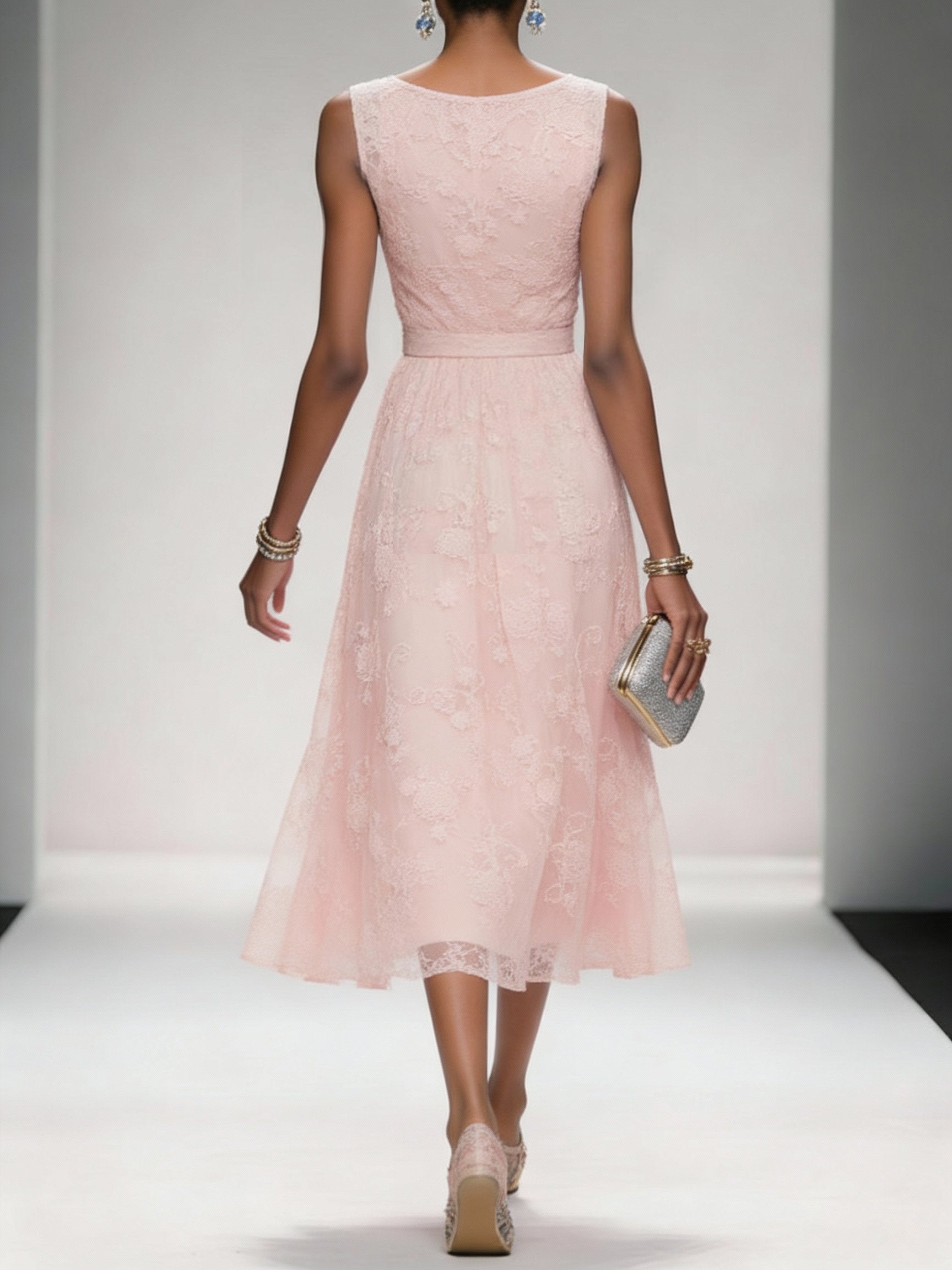 Bow Embroidery Midi Dress with Pockets
