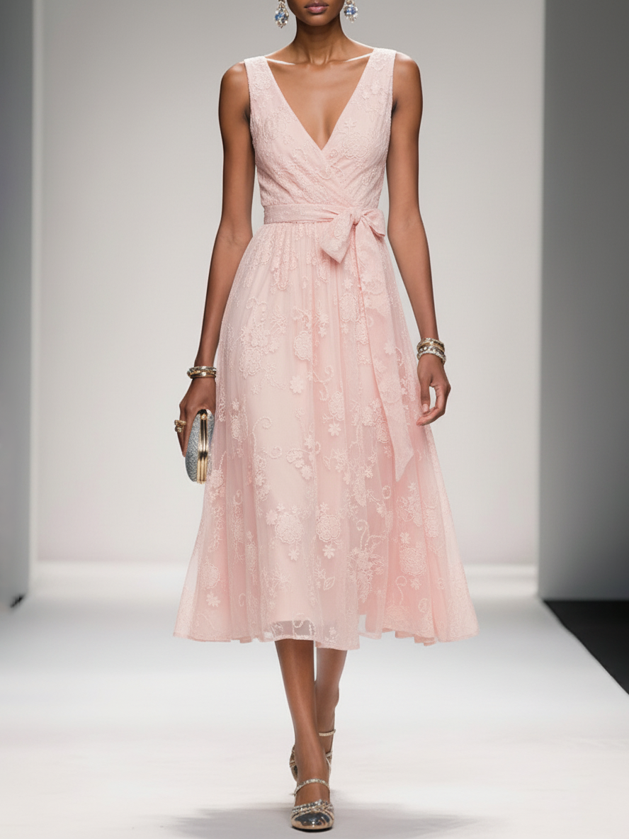 Bow Embroidery Midi Dress with Pockets