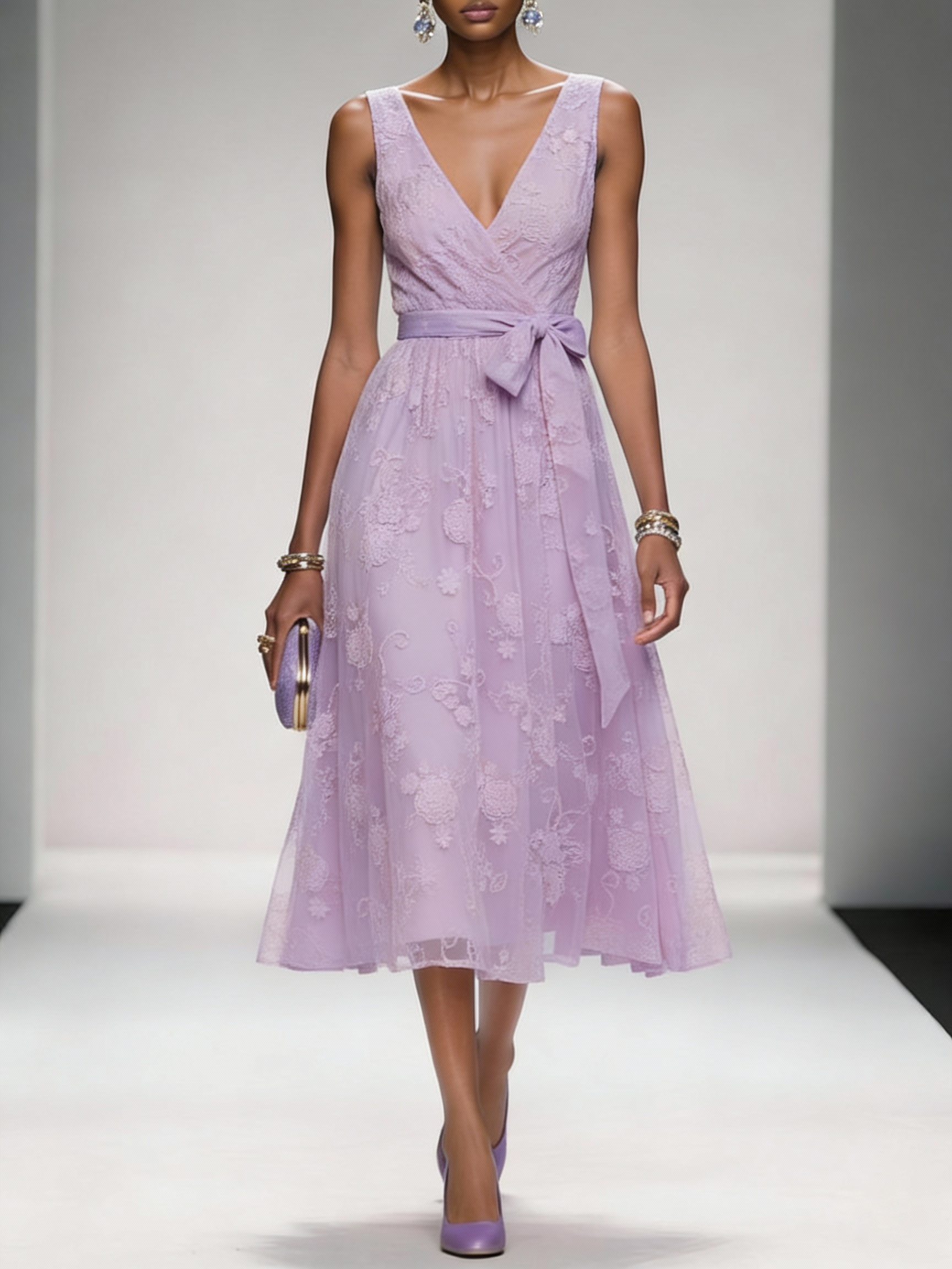 Bow Embroidery Midi Dress with Pockets