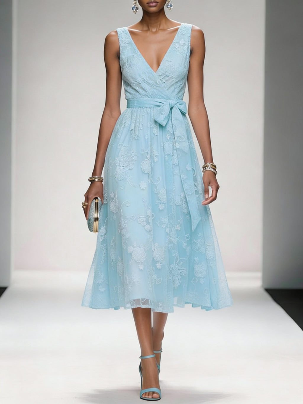 Bow Embroidery Midi Dress with Pockets