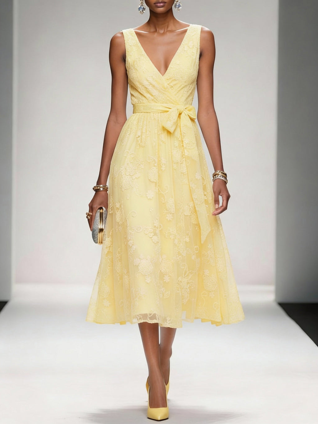 Bow Embroidery Midi Dress with Pockets