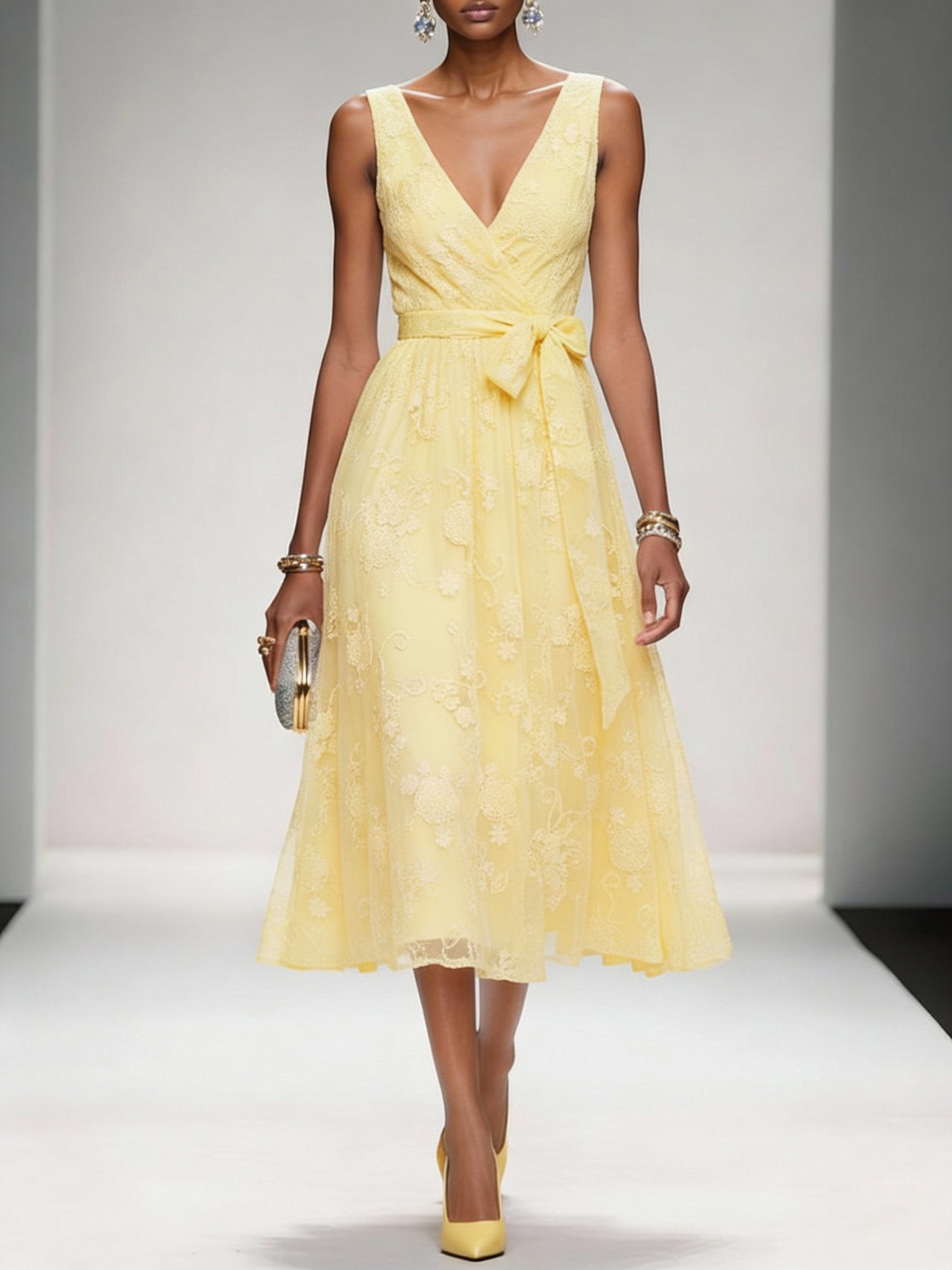 Bow Embroidery Midi Dress with Pockets