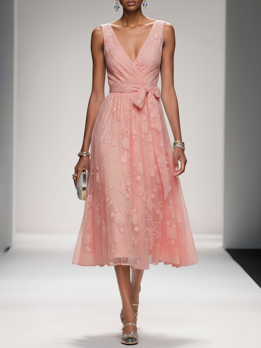 Bow Embroidery Midi Dress with Pockets
