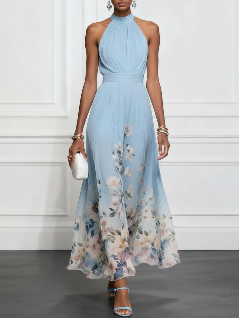 Floral Chiffon A-Line Maxi Dress with Halter Neck