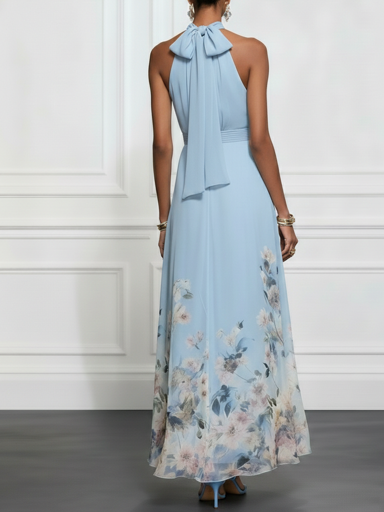 Floral Chiffon A-Line Maxi Dress with Halter Neck