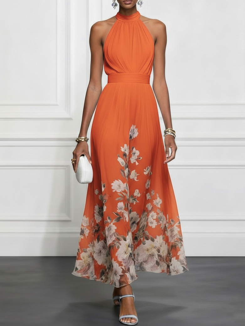 Floral Chiffon A-Line Maxi Dress with Halter Neck