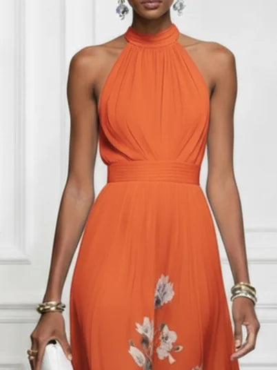 Floral Chiffon A-Line Maxi Dress with Halter Neck