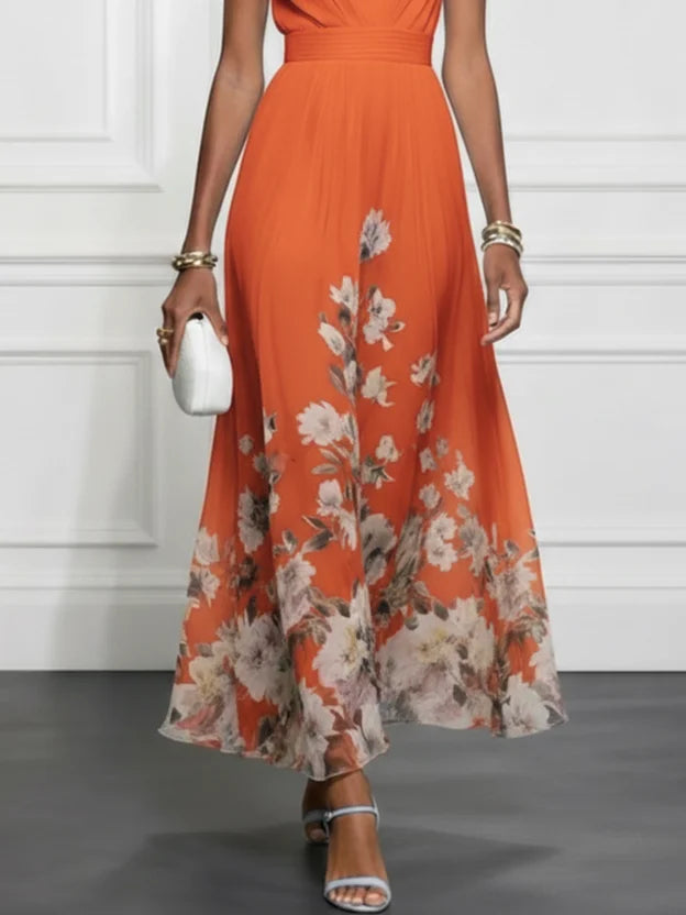 Floral Chiffon A-Line Maxi Dress with Halter Neck