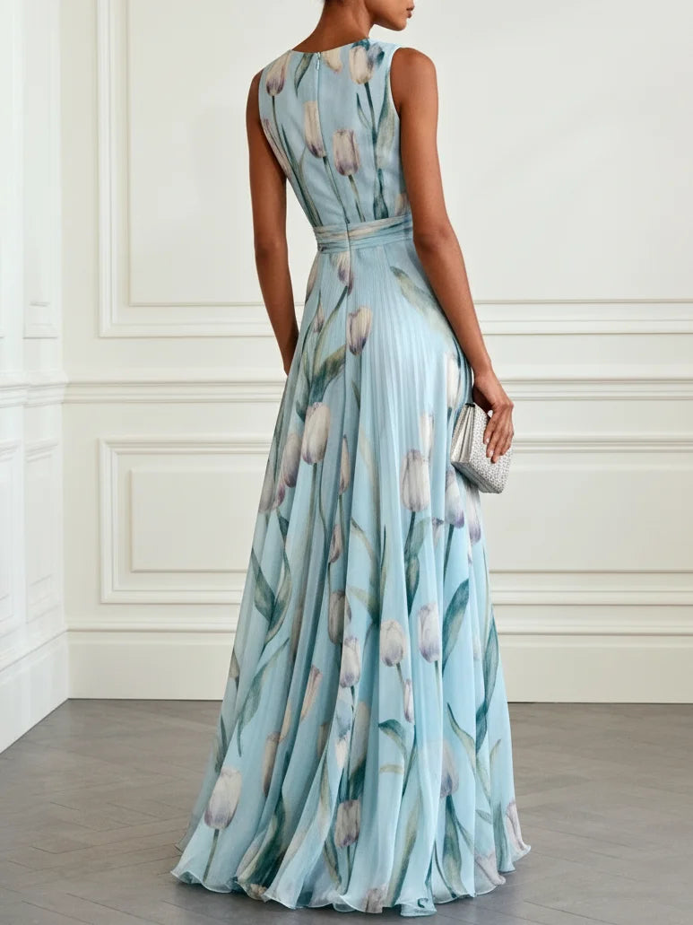 Floral Chiffon Floor-length Dress with V Neck