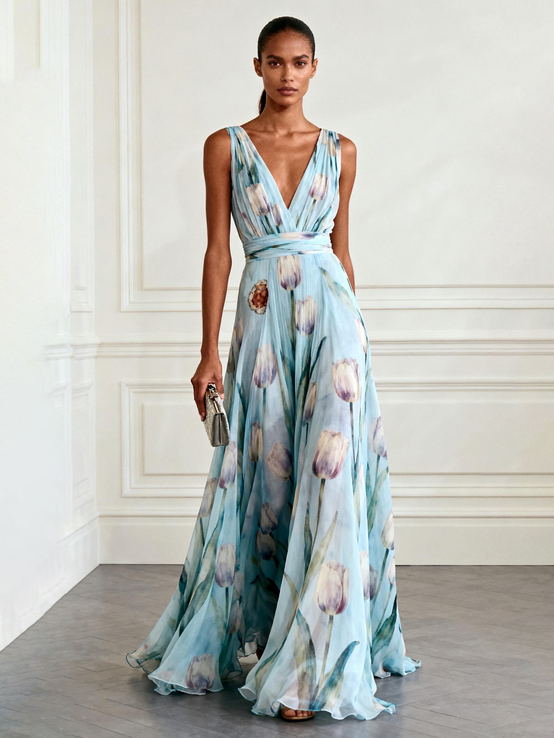 Floral Chiffon Floor-length Dress with V Neck