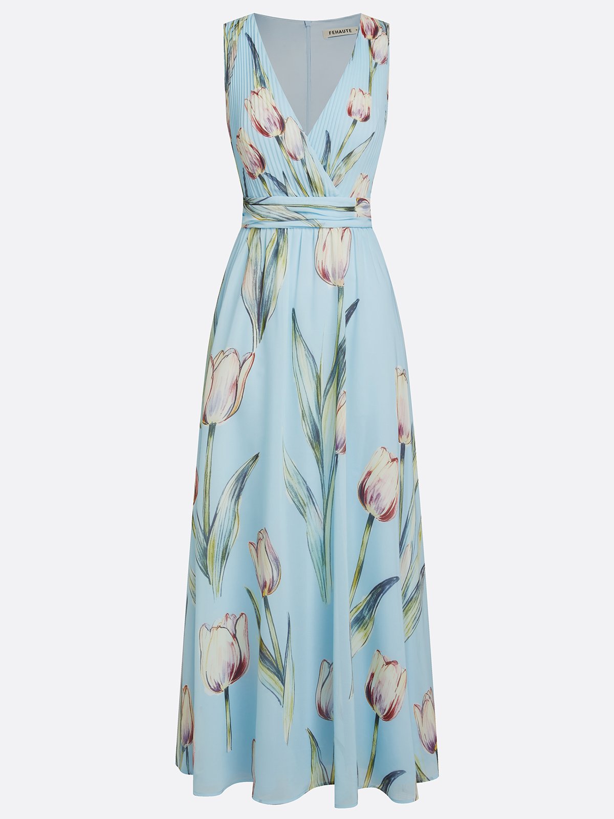Floral Chiffon Floor-length Dress with V Neck