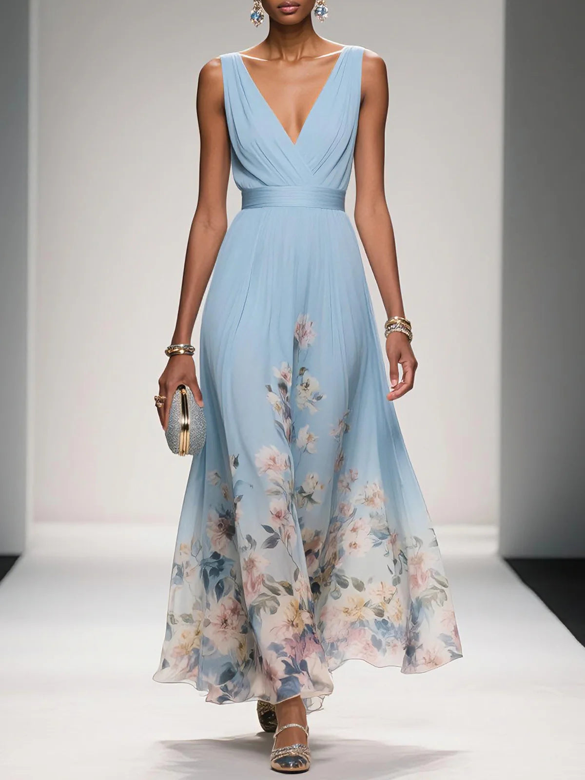 Floral Chiffon Sleeveless A-Line Dress with V Neck