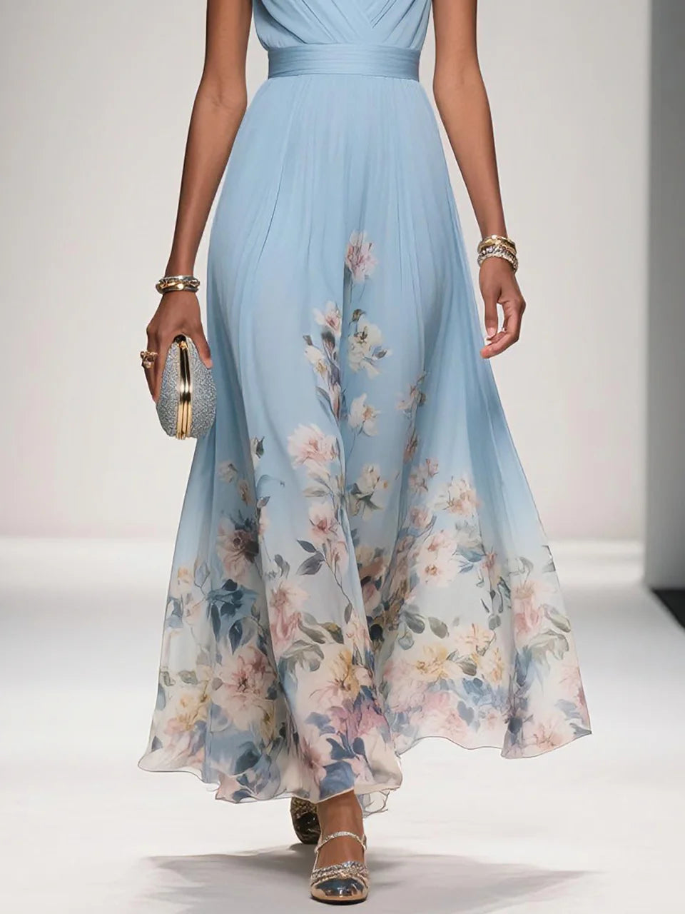 Floral Chiffon Sleeveless A-Line Dress with V Neck