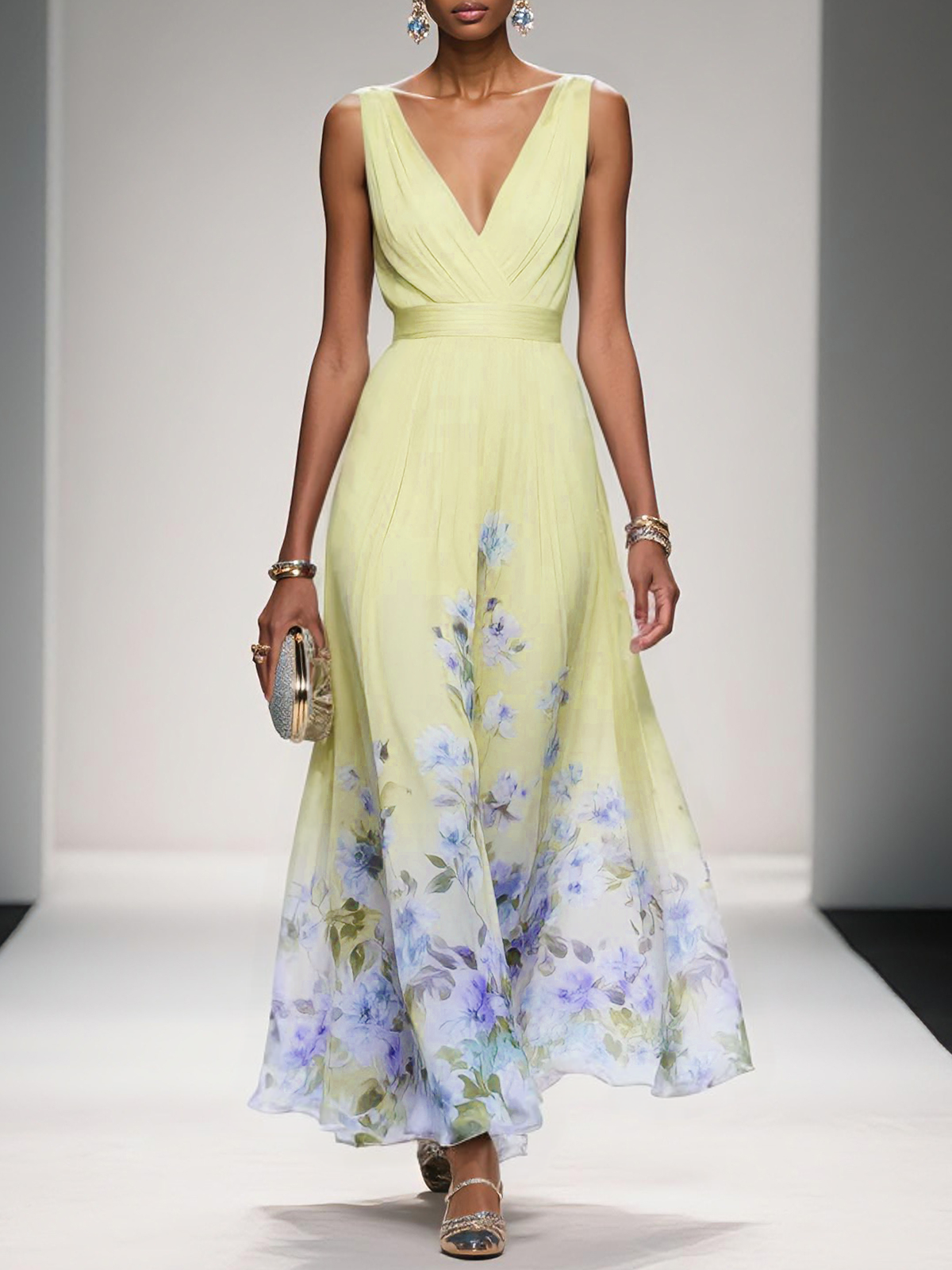 Floral Chiffon Sleeveless A-Line Dress with V Neck