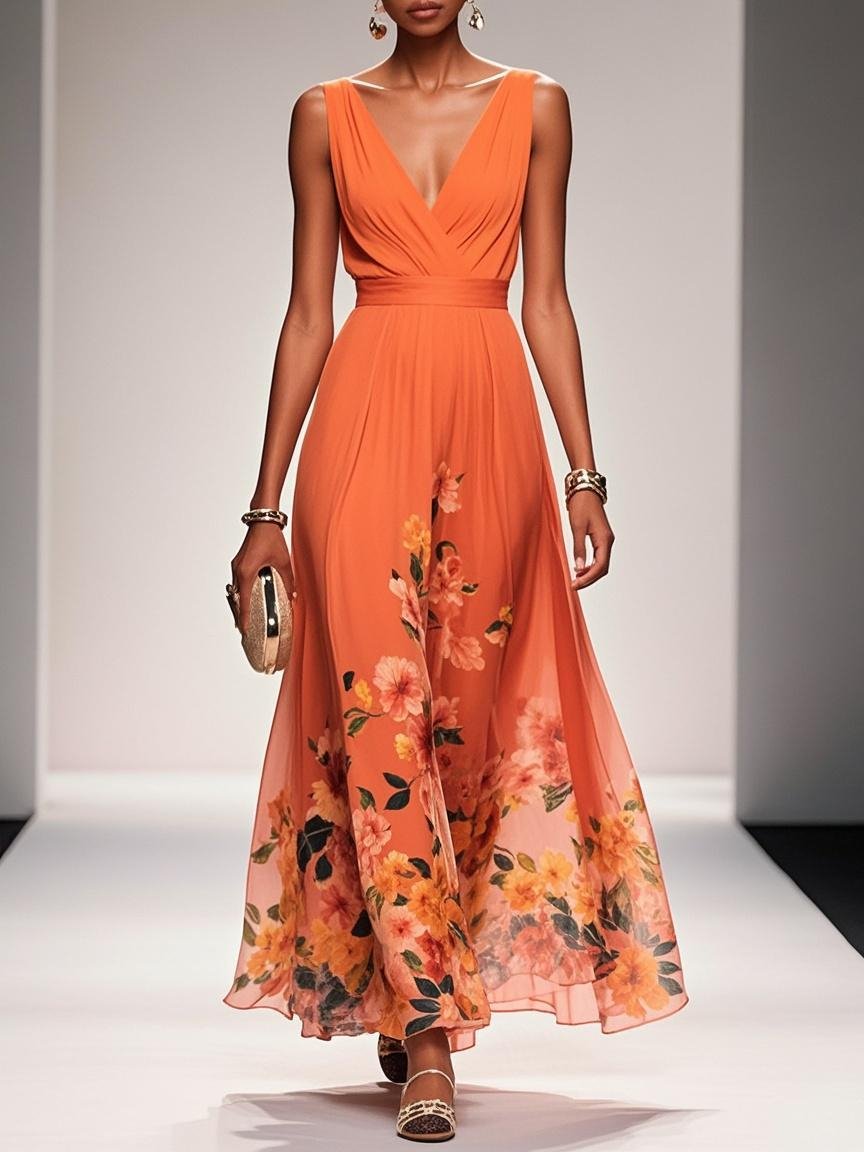 Floral Chiffon Sleeveless A-Line Dress with V Neck