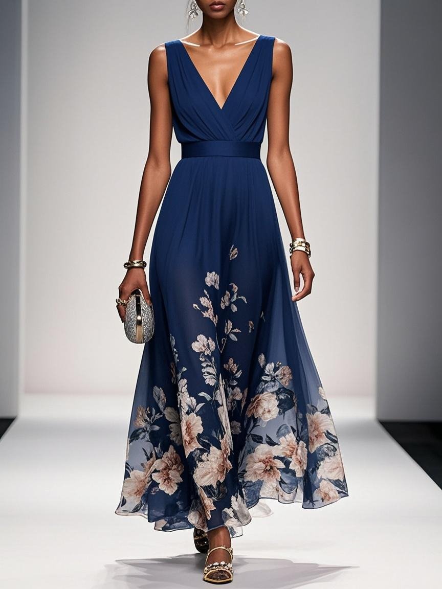 Floral Chiffon Sleeveless A-Line Dress with V Neck