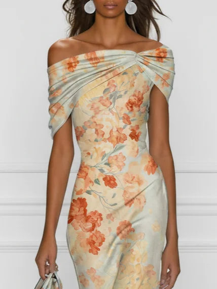 Floral Mermaid Midi Dress with Off-The-Shoulder Design