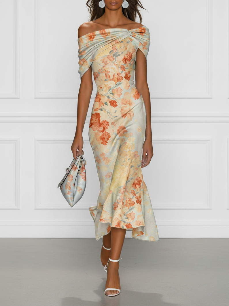 Floral Mermaid Midi Dress with Off-The-Shoulder Design