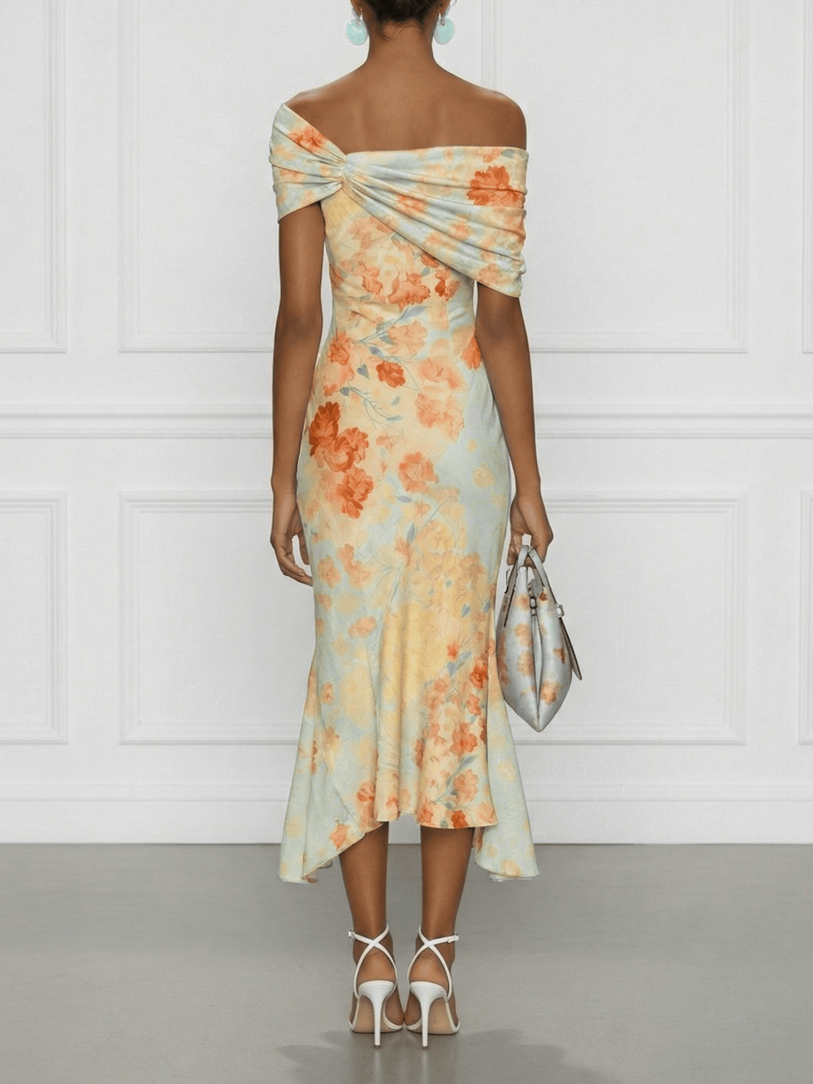 Floral Mermaid Midi Dress with Off-The-Shoulder Design