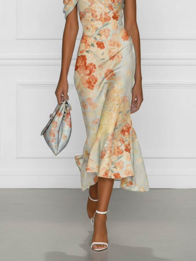 Floral Mermaid Midi Dress with Off-The-Shoulder Design