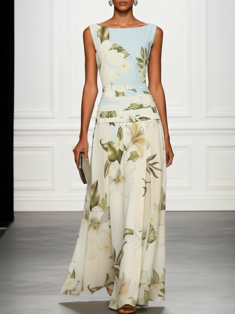 Floral Ruched A-Line Dress with Boat Neck