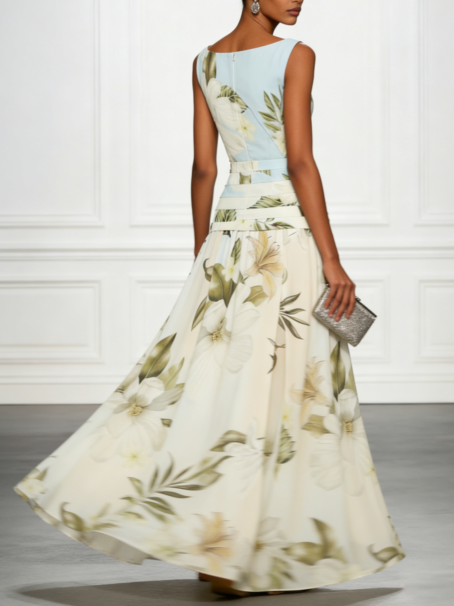 Floral Ruched A-Line Dress with Boat Neck