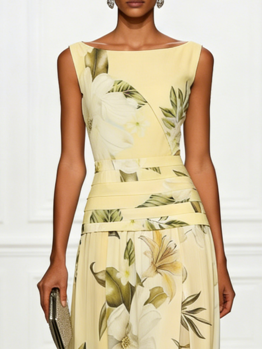 Floral Ruched A-Line Dress with Boat Neck