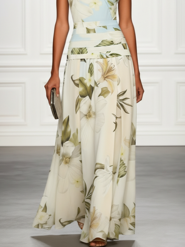 Floral Ruched A-Line Dress with Boat Neck