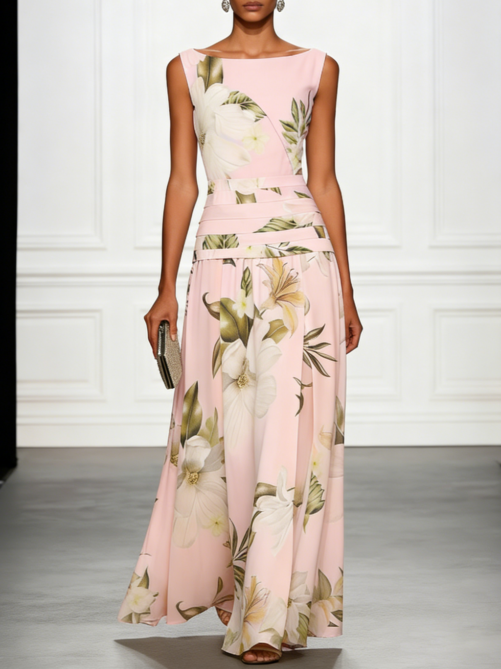 Floral Ruched A-Line Dress with Boat Neck