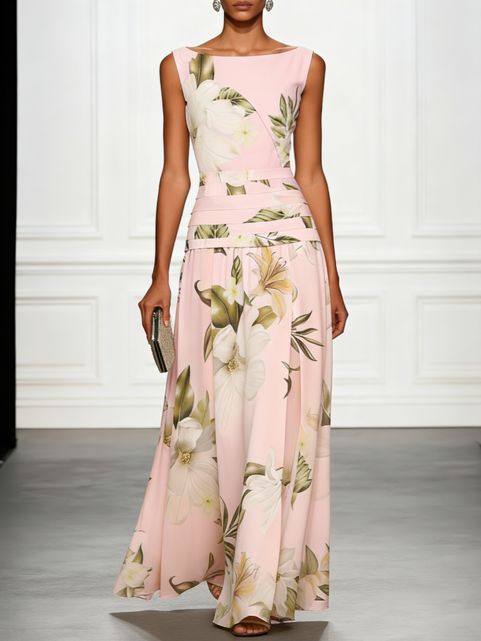 Floral Ruched A-Line Dress with Boat Neck