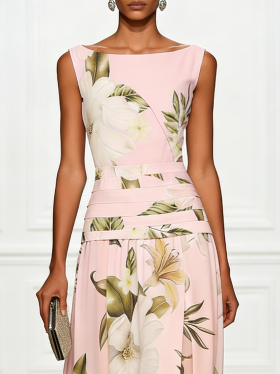 Floral Ruched A-Line Dress with Boat Neck