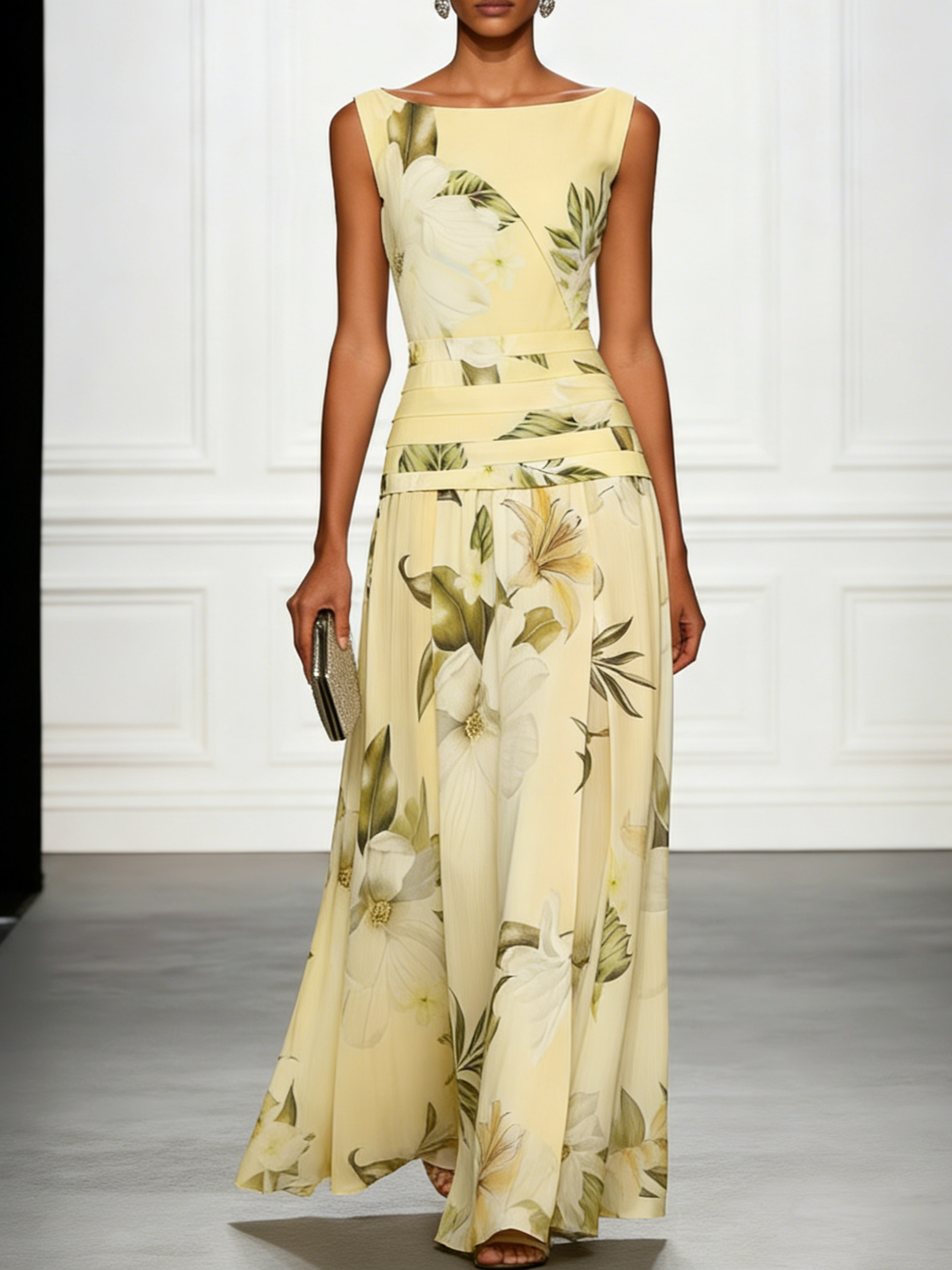 Floral Ruched A-Line Dress with Boat Neck