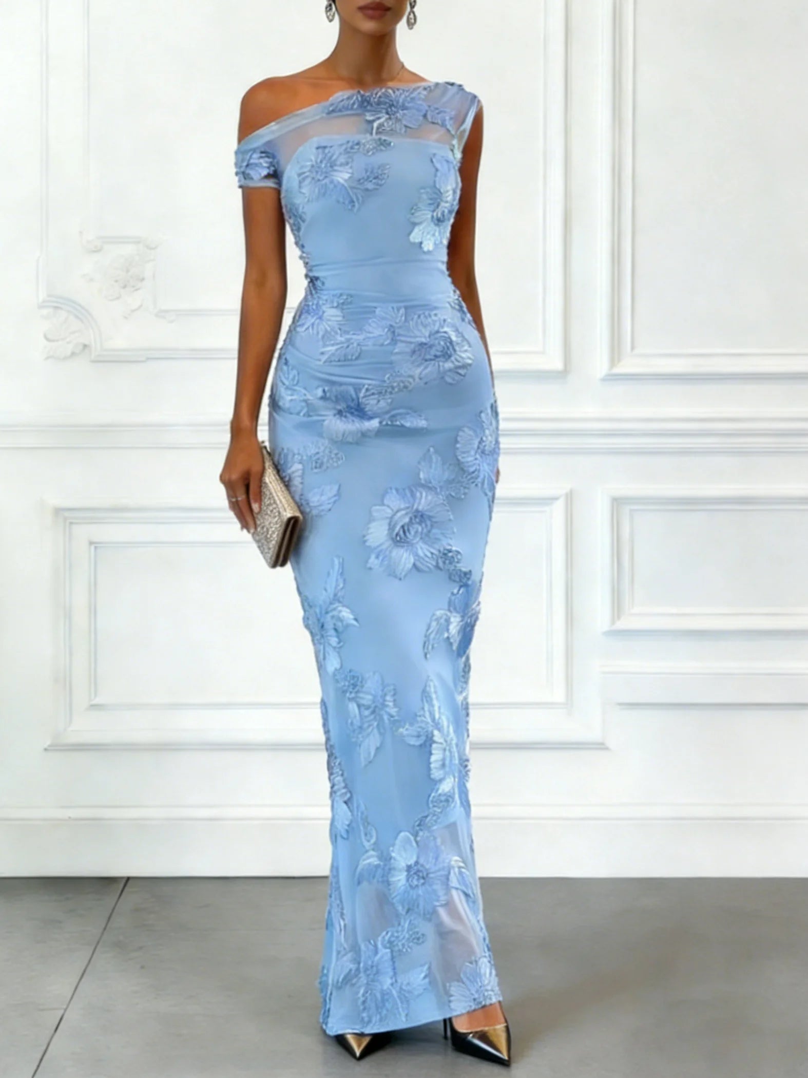 Jacquard Bodycon Dress with Off-The-Shoulder Design
