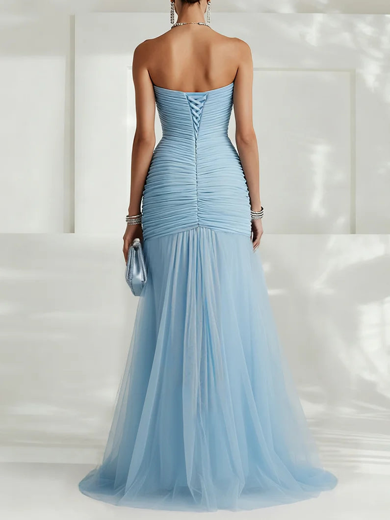 Ruched Tulle Strapless Dress with Slit Design