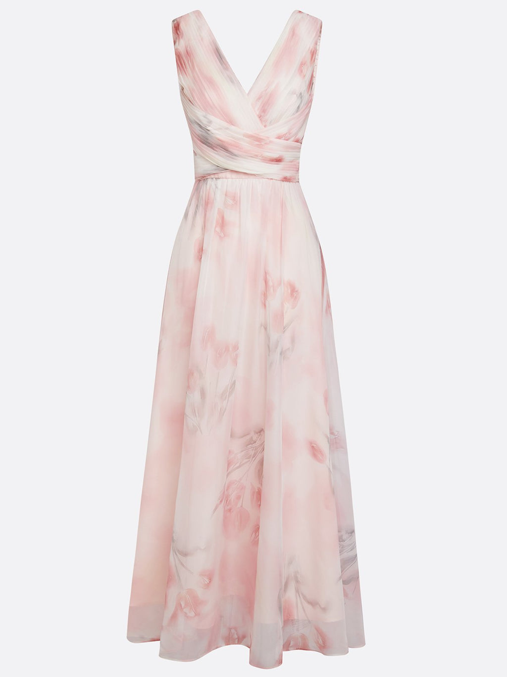 Floral Ruched Chiffon Dress with V Neck
