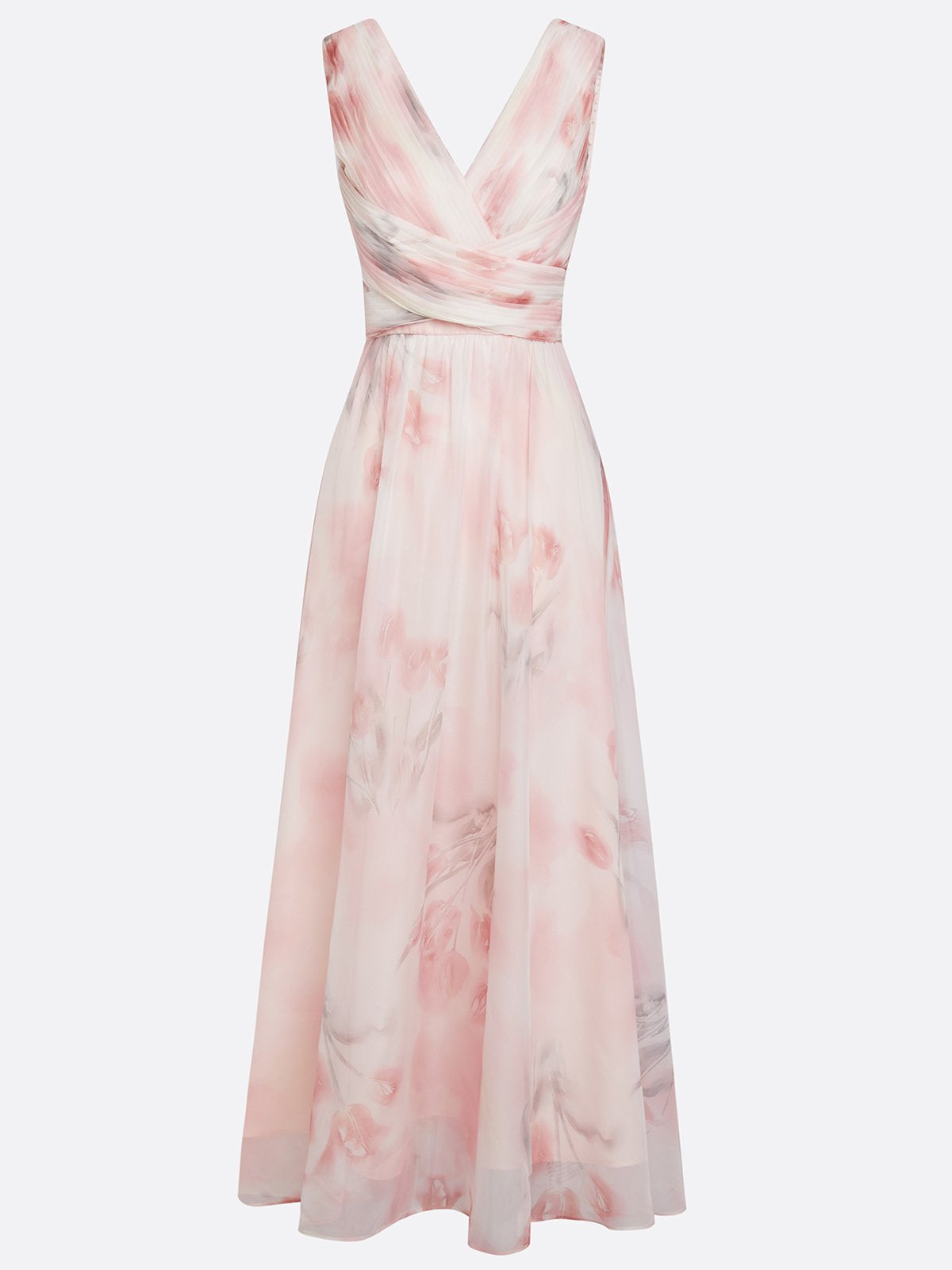 Floral Ruched Chiffon Dress with V Neck