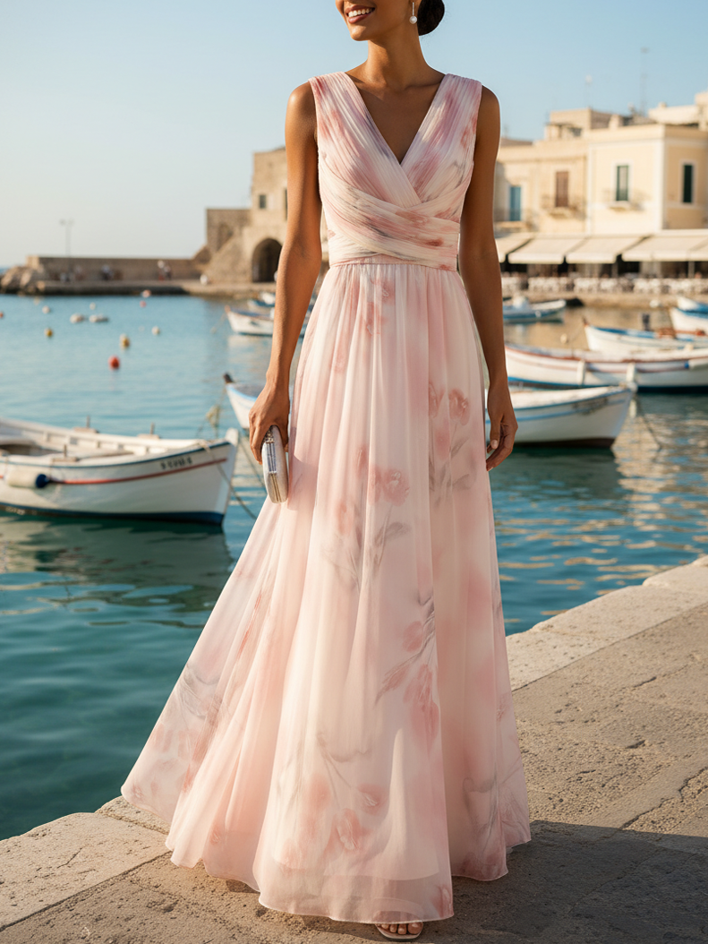 Floral Ruched Chiffon Dress with V Neck