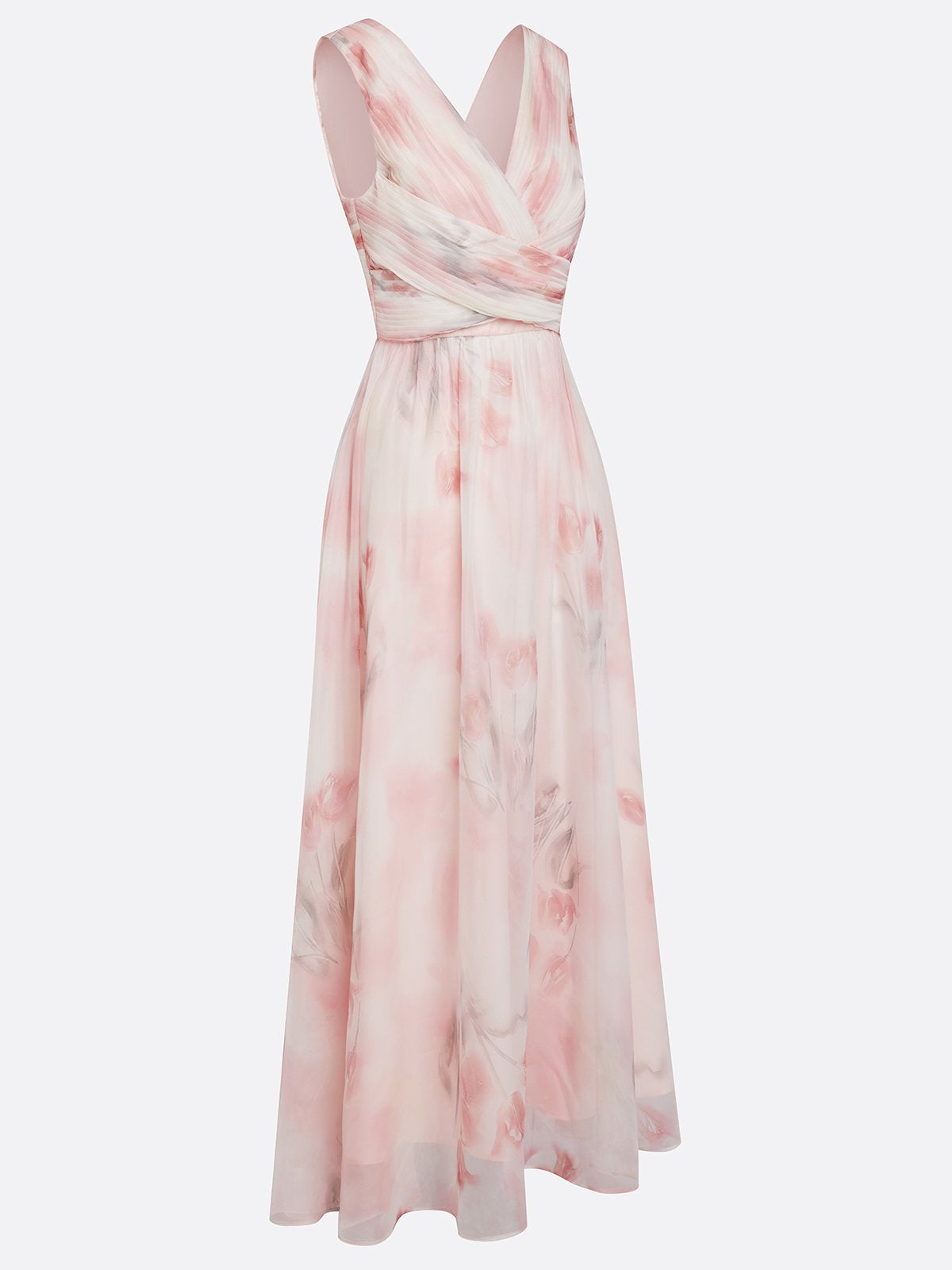 Floral Ruched Chiffon Dress with V Neck