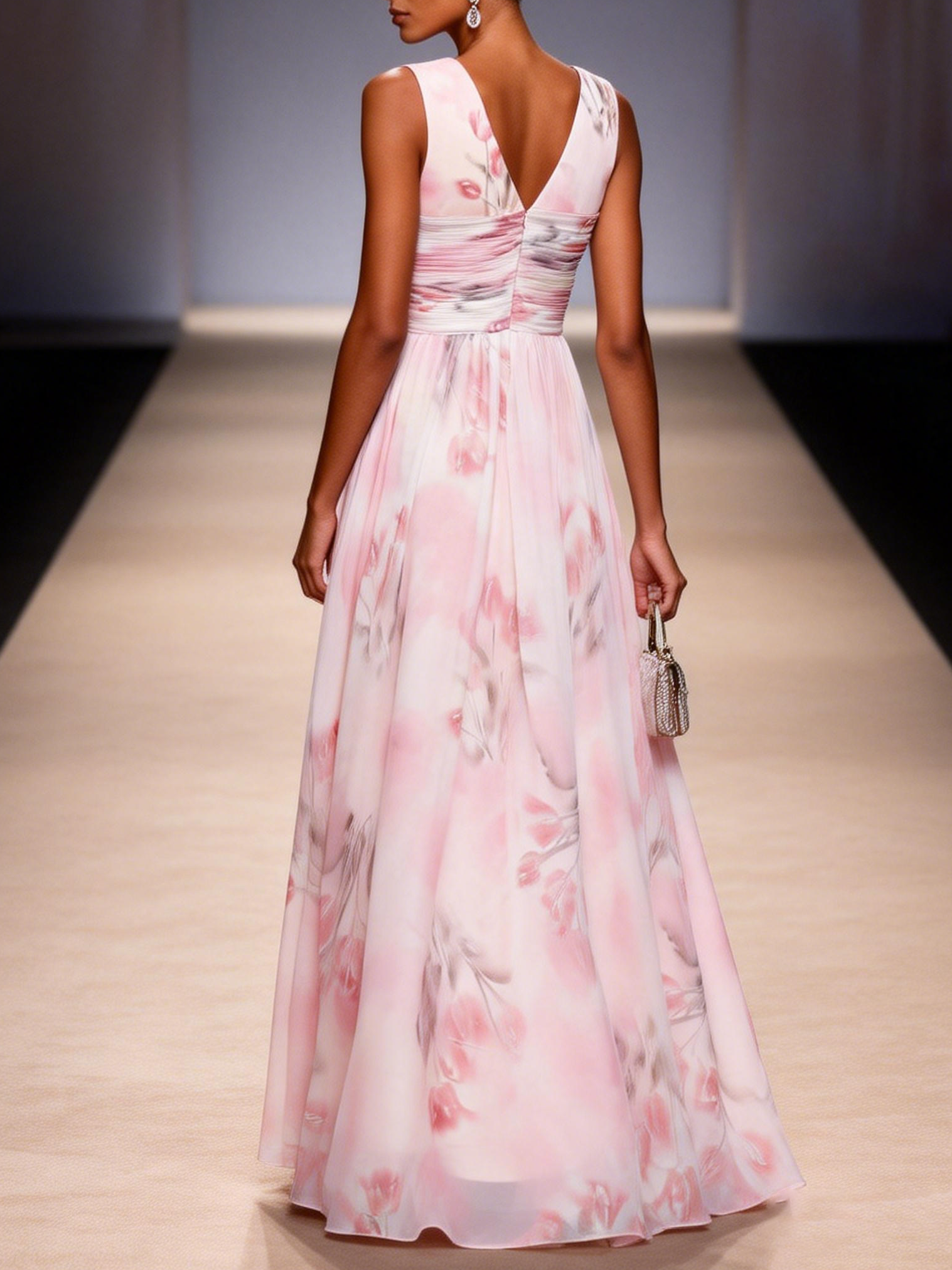 Floral Ruched Chiffon Dress with V Neck
