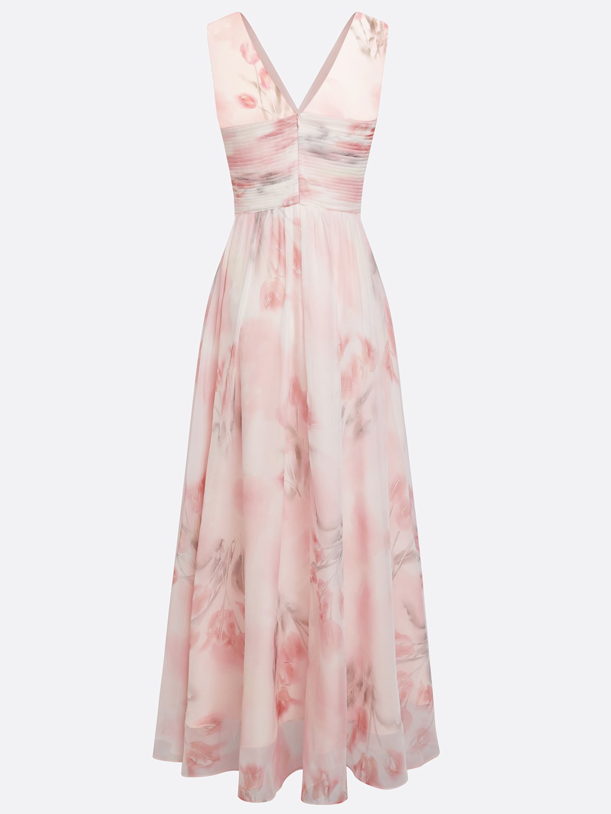 Floral Ruched Chiffon Dress with V Neck