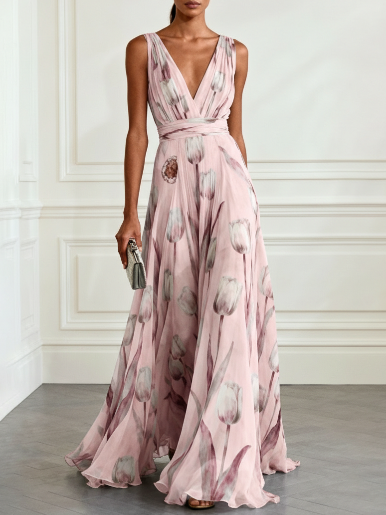 Floral Chiffon Floor-length Dress with V Neck