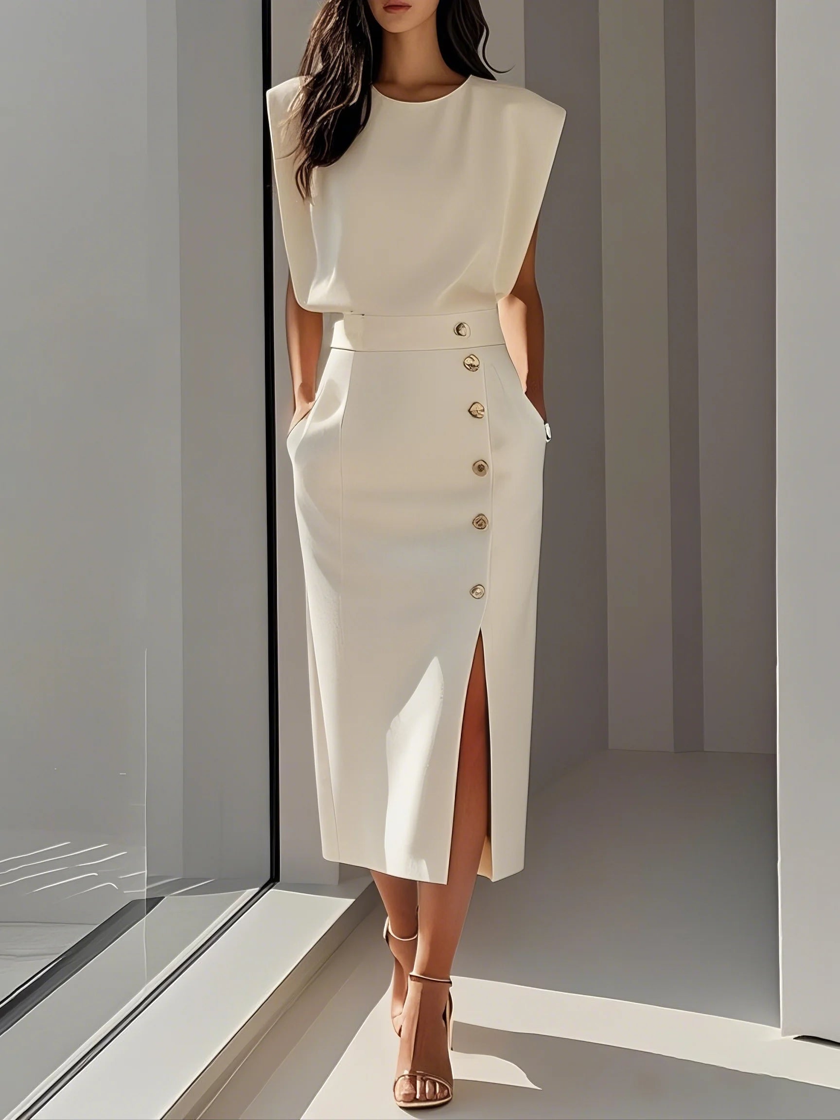 Sleeveless Midi Dress with Button Side-Slit Design