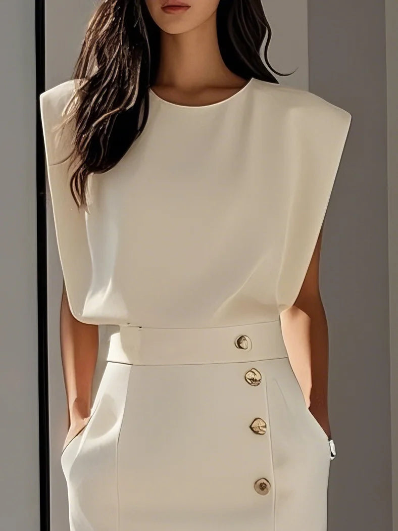 Sleeveless Midi Dress with Button Side-Slit Design