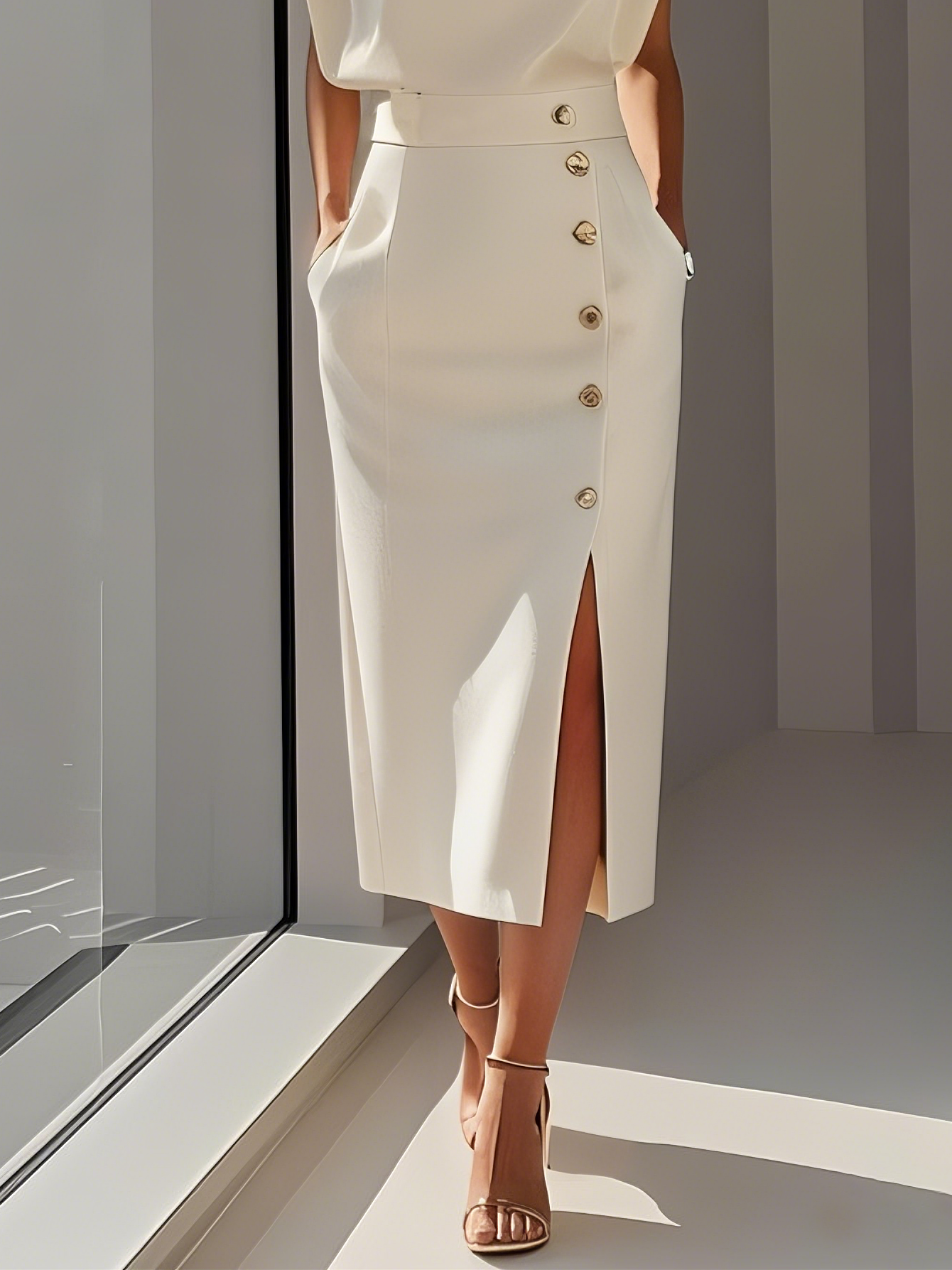 Sleeveless Midi Dress with Button Side-Slit Design
