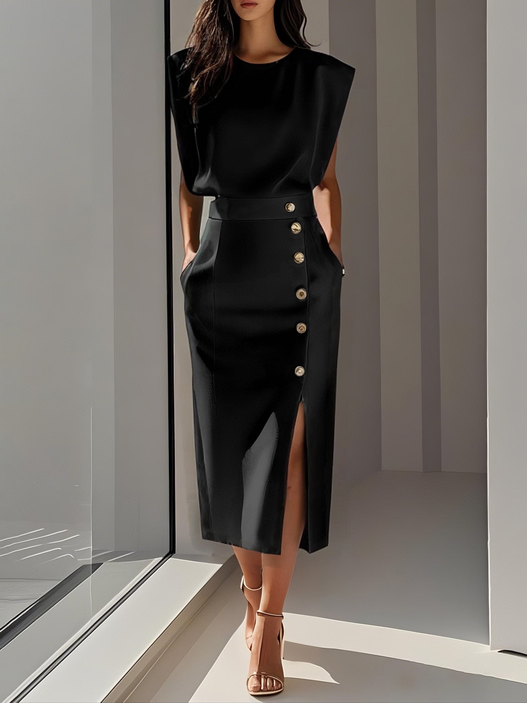 Sleeveless Midi Dress with Button Side-Slit Design
