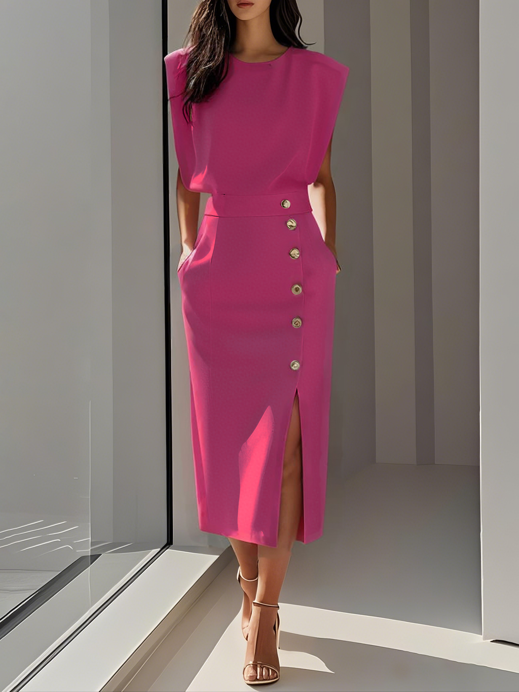 Sleeveless Midi Dress with Button Side-Slit Design