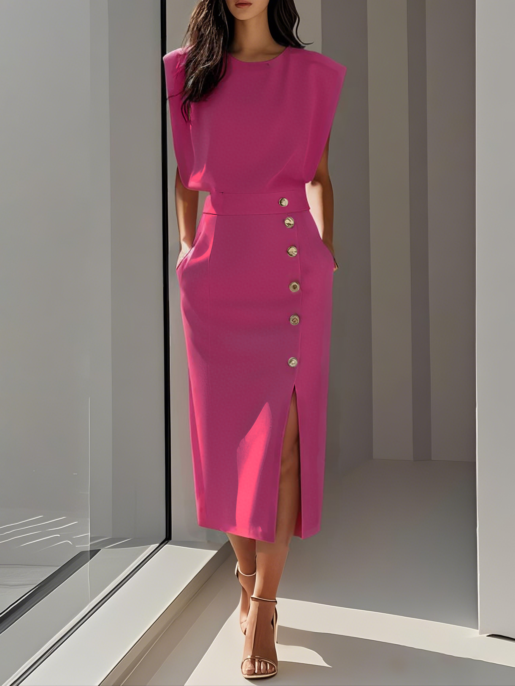 Sleeveless Midi Dress with Button Side-Slit Design